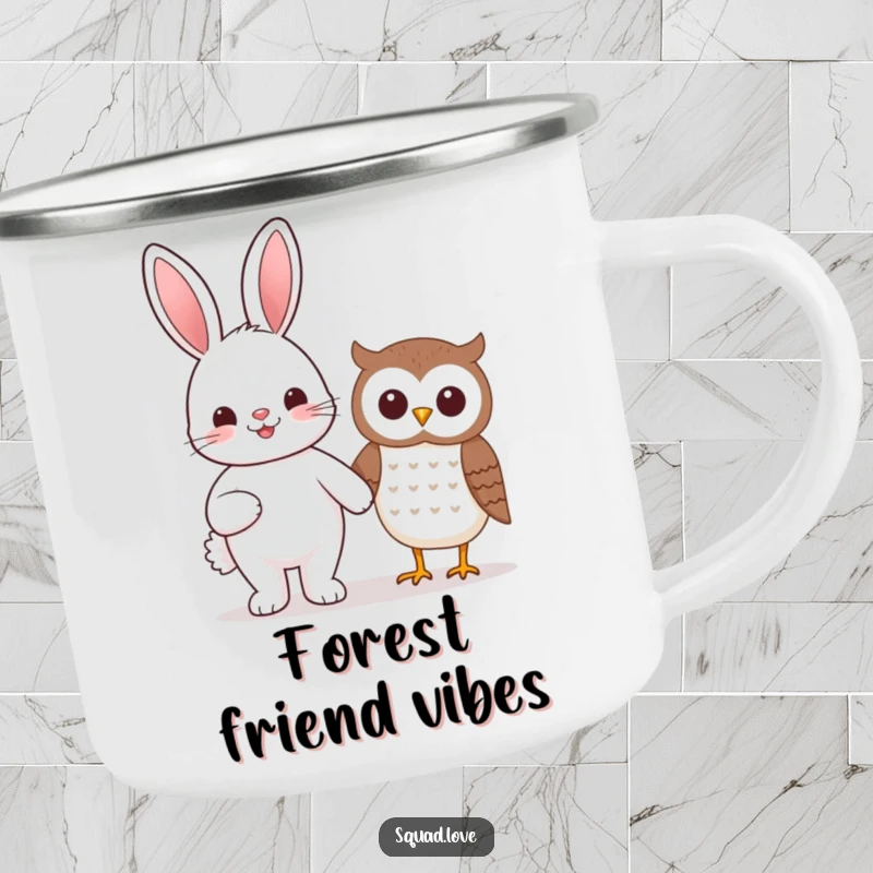 Funny beaming kawaii bunny and smiling owl holding hands on this sturdy and funny camping mug.
