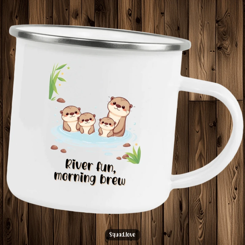 Funny camping mug showing a cute kawaii otter family splashing in a bubbly stream, designed for outdoor use with humor.