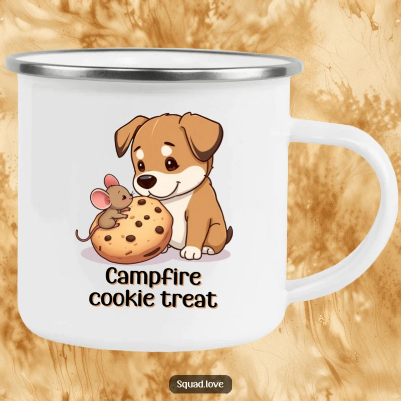 Funny enamel camping mug showing a tiny mouse sharing a giant cookie with a big dog, perfect for outdoor lovers of sweet tales.