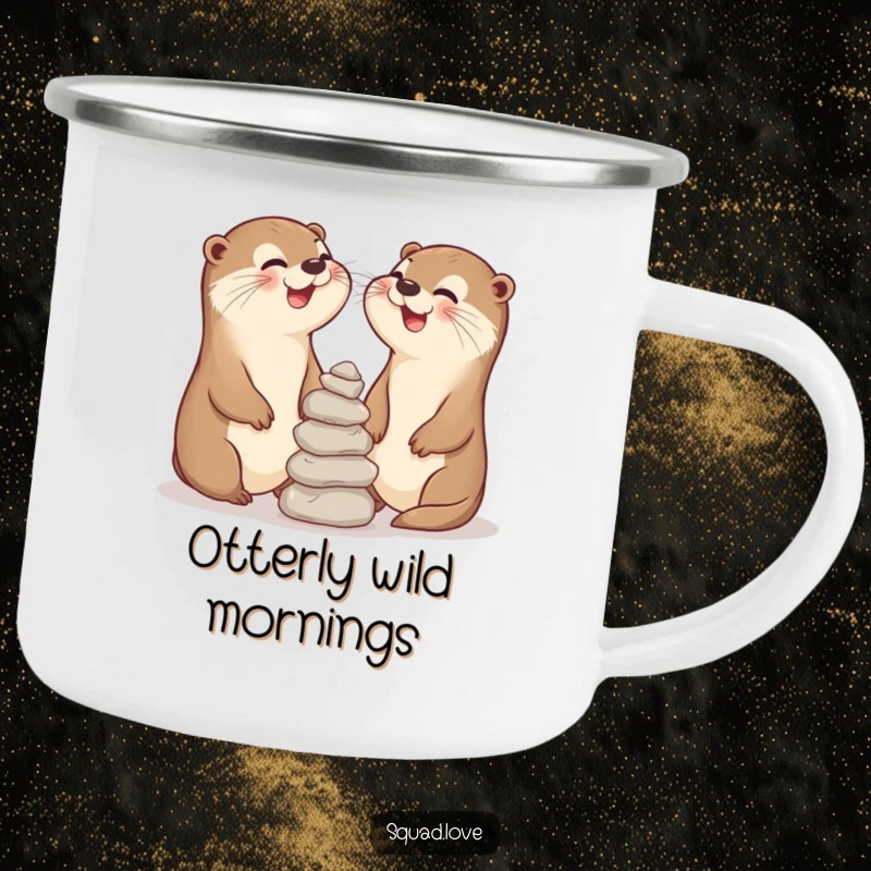 Funny camping mug with two laughing otter friends balancing stones, perfect for enjoying beverages outdoors with playful camaraderie.
