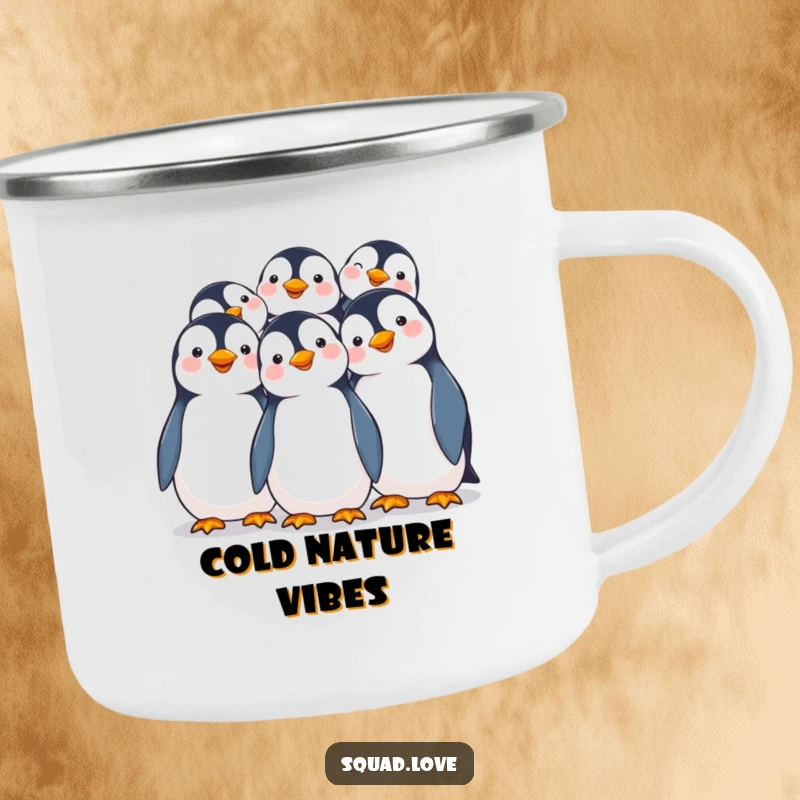 Funny camping mug showing smiling penguins joyfully huddling together, perfect for outdoor adventures and warm drinks.
