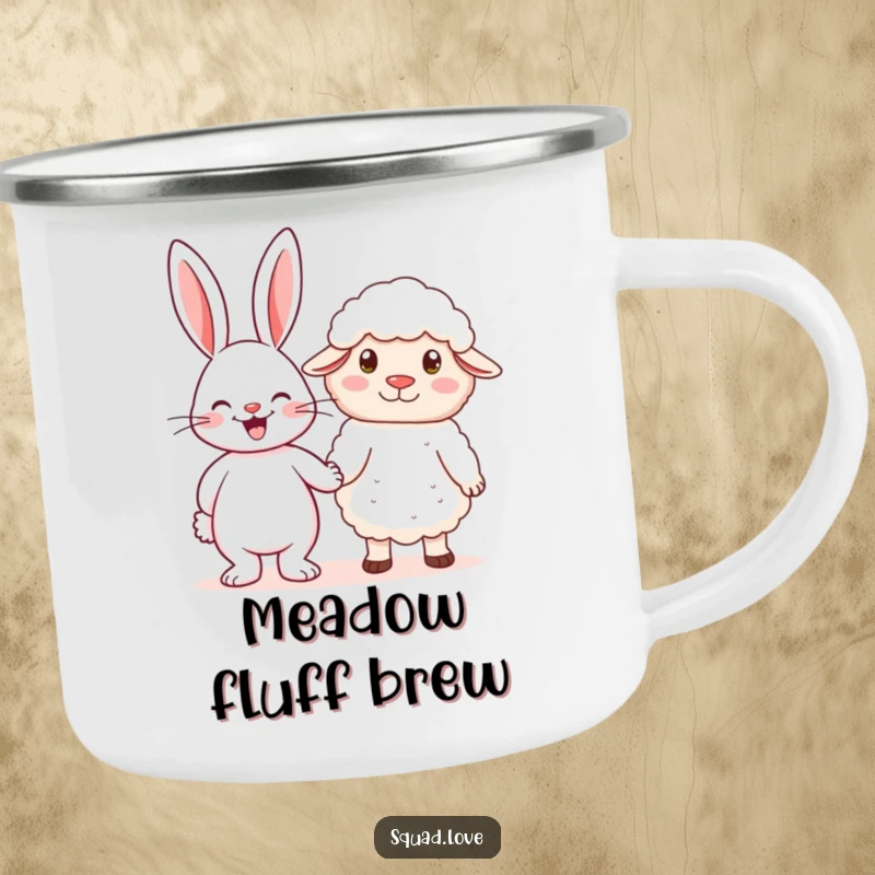 Funny enamel camping mug showing a cheerful rabbit holding hands with a fluffy sheep, perfect for outdoor lovers of gentle tales.