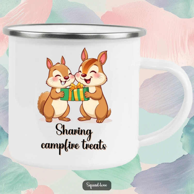 Funny Squirrel Chipmunk Gift Camping Mug: A sturdy mug showing a happy squirrel and chipmunk swapping gifts, ideal for outdoor humor.