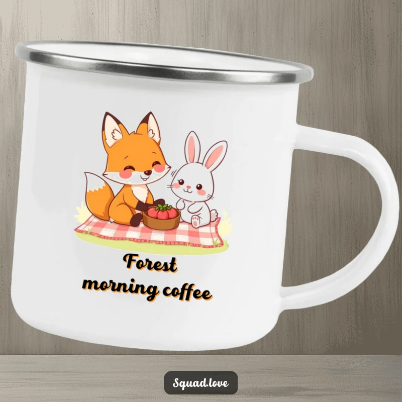Funny camping mug showing a smiling fox and a friendly rabbit sharing a picnic, perfect for outdoor adventures and nature lovers.