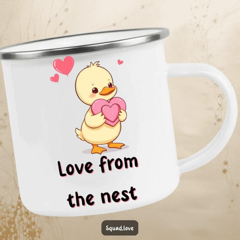 Funny Duckling Camping Mug: A baby duckling offers a handmade heart to its parents, a sweet and sturdy mug for all your outdoor sipping needs.