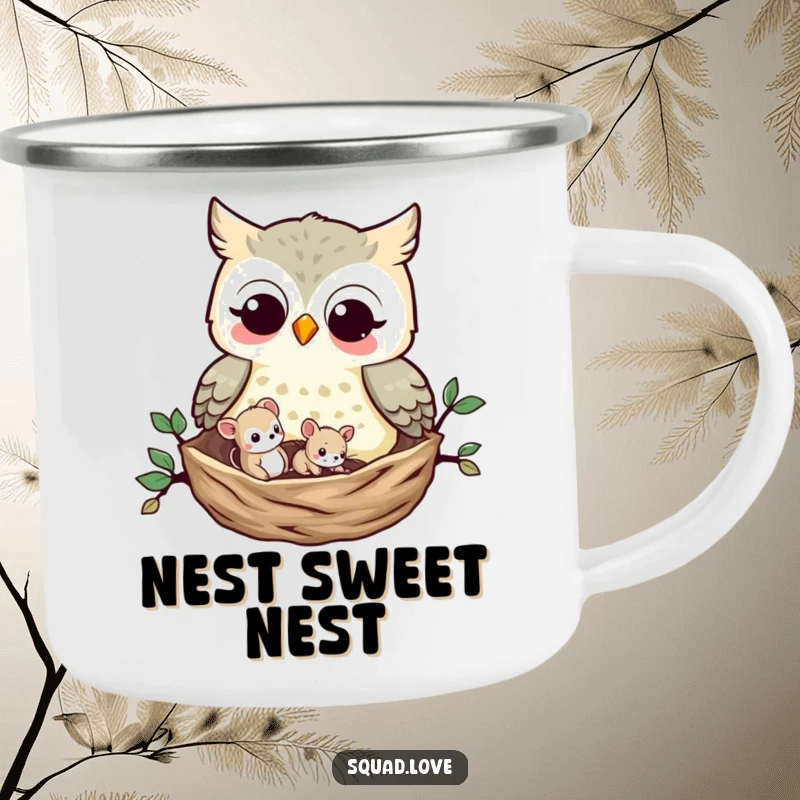 Funny Owl and Mouse Camping Mug: A wise owl and a small mouse share a nest, a sturdy and cute mug for enjoying drinks in the great outdoors.