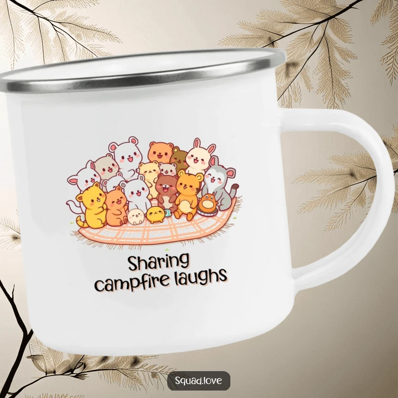 Funny kawaii animals camping mug, diverse cute creatures laughing together on a picnic blanket, perfect for outdoor enjoyment.