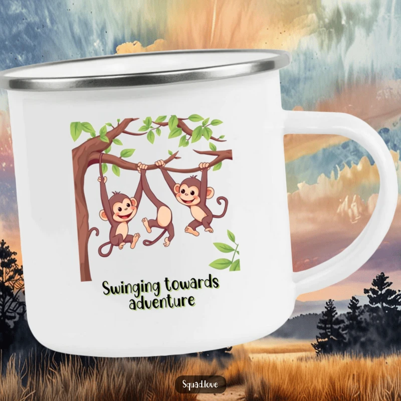 Funny camping mug with lively monkeys swinging from branches, playfully reaching for each other, great for humorous outdoor enjoyment.