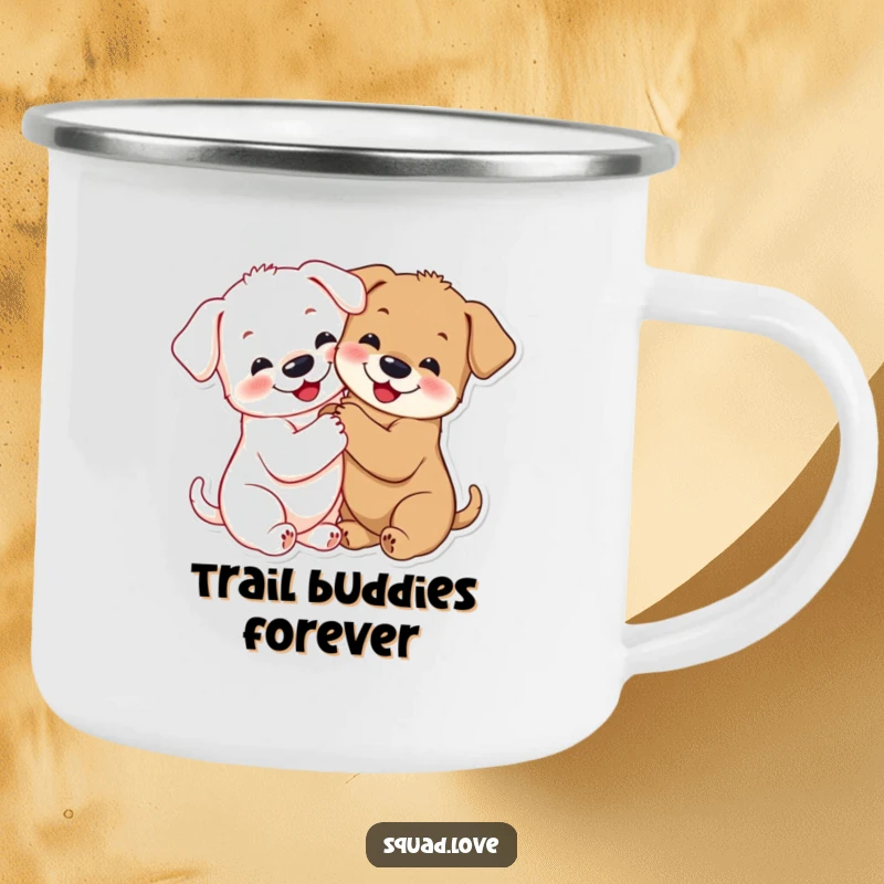 Funny puppy hug camping mug with smiling puppies hugging tightly, paws linked, designed for outdoor enjoyment.