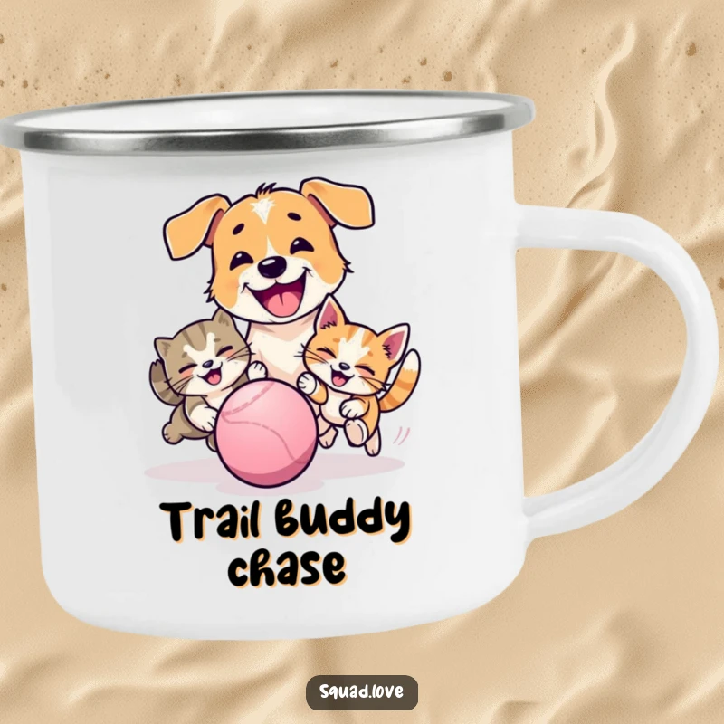 Funny camping mug showing a happy dog and cat playfully chasing a ball, perfect for outdoor adventures and pet lovers.