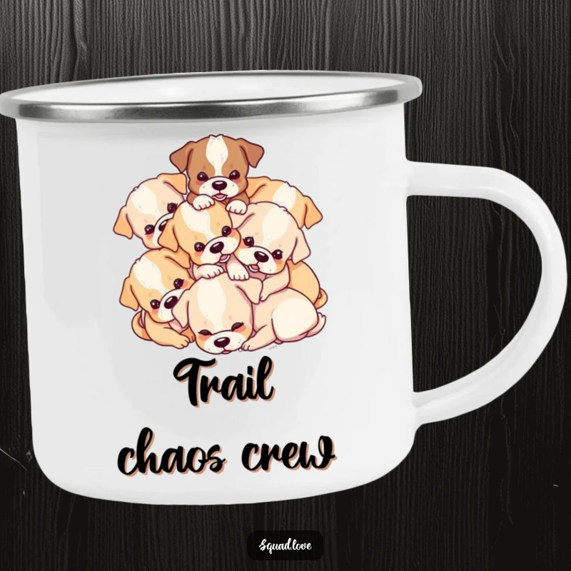 Funny Puppy Pile Camping Mug: A sturdy mug showing a playful pile of puppies tumbling over each other, ideal for outdoor humor.