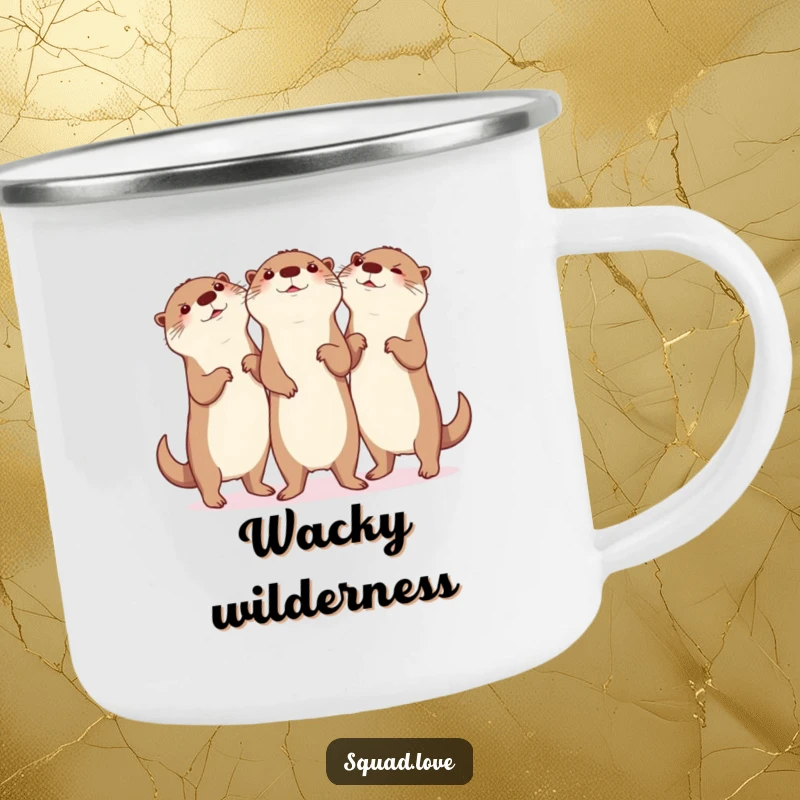 Funny otter dance camping mug, showing three otters performing a synchronized silly dance with glee, perfect for outdoor beverages.
