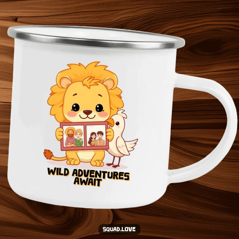 Funny lion family album camping mug showing a proud lion showing a photo album to a bird, ready for outdoor pride.
