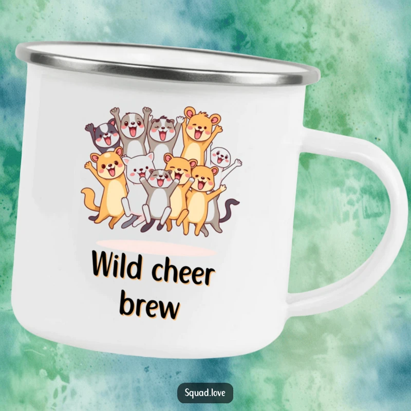 Funny enamel camping mug with a diverse group of animals leaping and cheering, perfect for outdoor celebrations and good times.