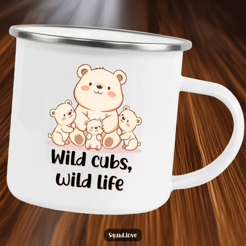 A proud kawaii mama bear watching her playful cubs, on a durable camping mug for outdoor adventures.