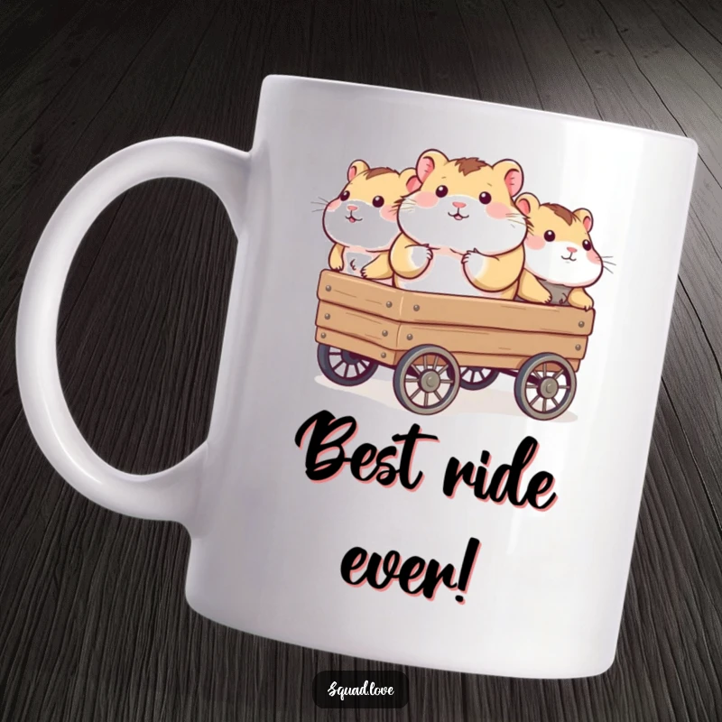 Funny mug showing a plump hamster joyfully riding in a wagon pulled by a group of supportive, smiling friends.