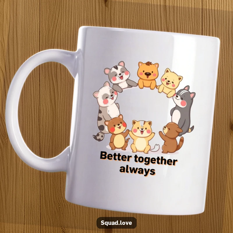 Funny diverse animal friends holding hands in a circle, laughing heartily on a ceramic mug, symbol of unity.