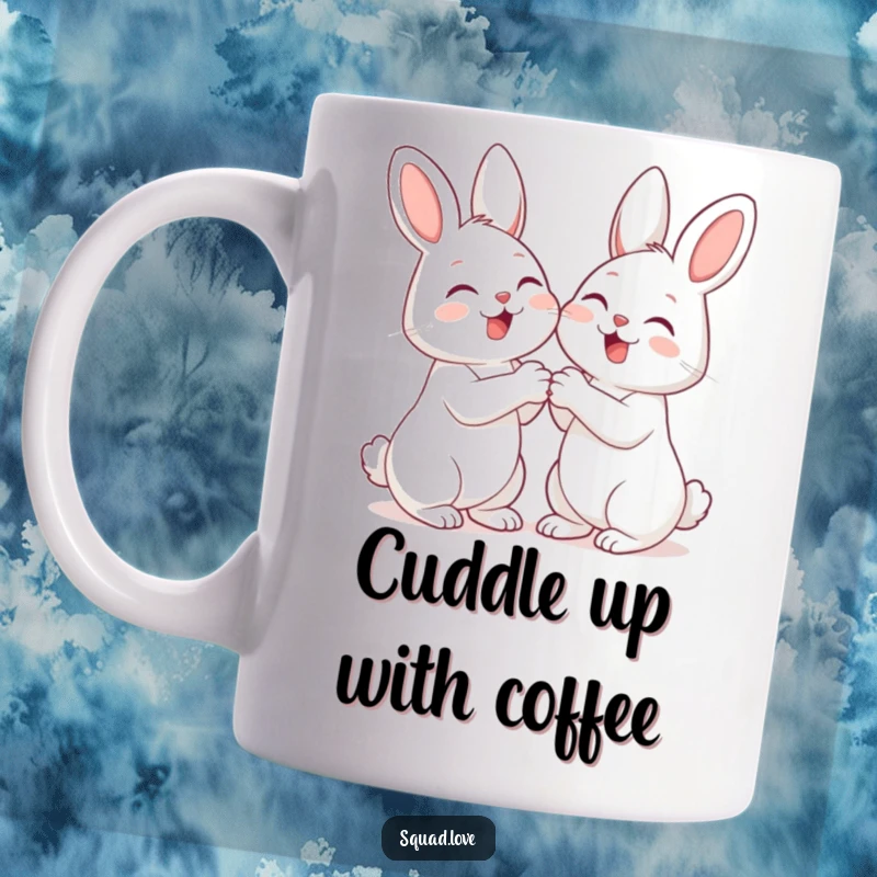 Funny ceramic mug featuring two cute bunnies holding paws and giggling, perfect for best friends and animal lovers.