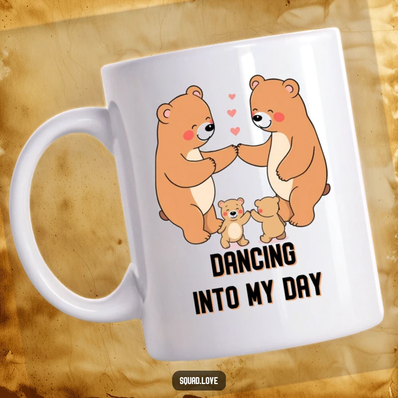 Funny Mug featuring a happy family of bears holding paws and dancing joyfully in a circle, exuding family love and fun.