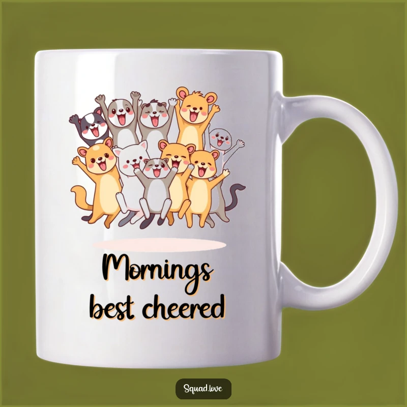 Funny Animal Friends Cheering Mug - Joyful Celebration Gift for Groups