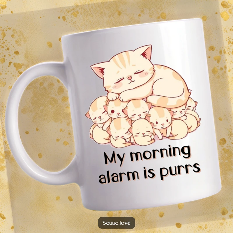 Funny mug showcasing a deeply relaxed cat napping on a fluffy bed of cheerful, sleeping kittens, radiating peace and humor.