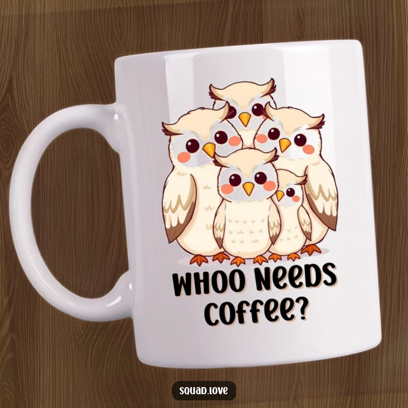 Funny owl family hugging beak to beak with happy smiles, ceramic mug, heartwarming and humorous gift.