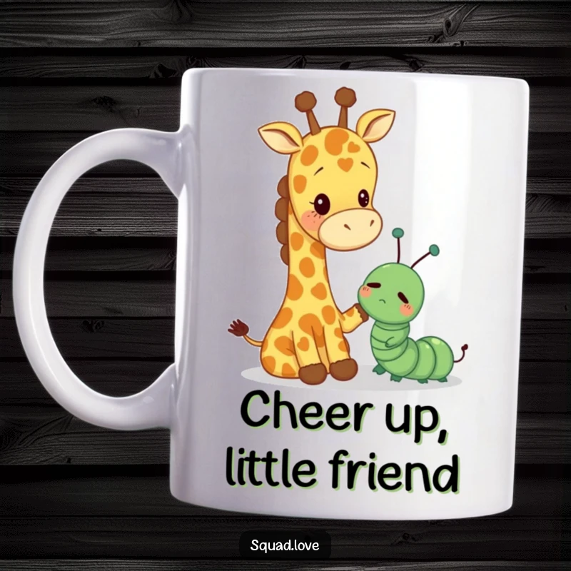 Funny mug showing a kind giraffe with a long neck patting a small, dejected caterpillar, offering gentle support and comfort.