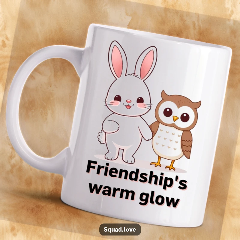 Funny beaming kawaii bunny and smiling owl holding hands, featured on a cheerful friendship mug.