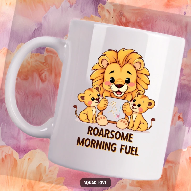 Funny mug showing a proud lion dad presenting a colorful crayon drawing to attentive cubs, celebrating family love and artistic expression.