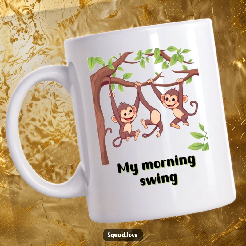 Funny mug showing energetic monkeys swinging from branches, playfully reaching out to connect, embodying joyful, humorous camaraderie.