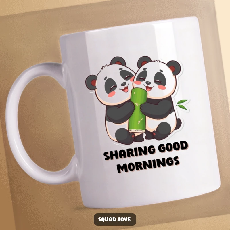 Funny Mug featuring two smiling pandas hugging while sharing a giant bamboo shoot, exuding friendship and gentle humor.