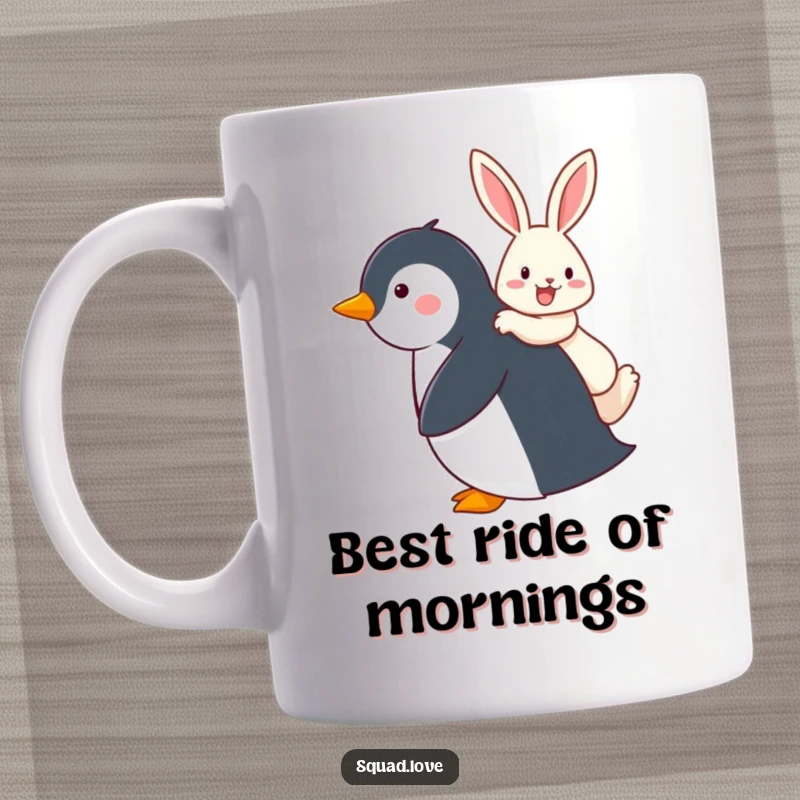 Funny mug showing a penguin giving a happy rabbit a piggyback ride, symbolizing fun, friendship, and delightful adventures.