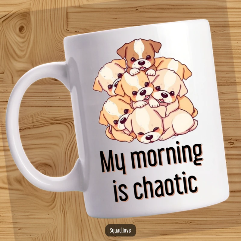 Funny Puppy Pile Mug: A delightful heap of playful puppies tumbling over each other, radiating pure joy and canine energy.