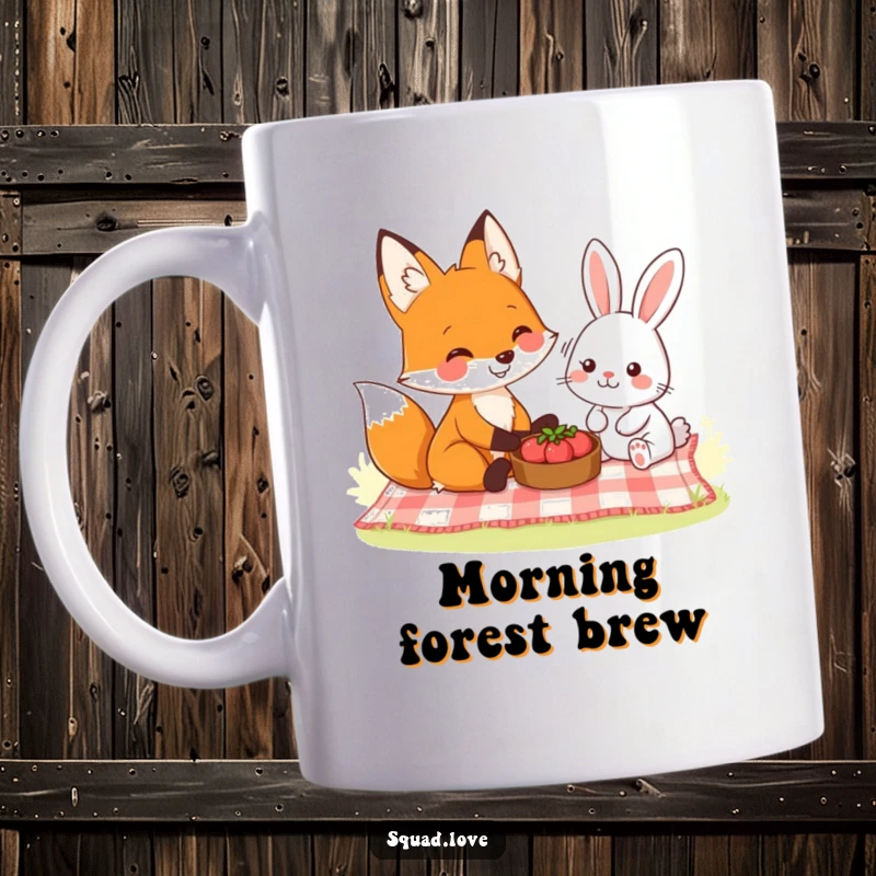 Funny mug featuring a smiling fox and a friendly rabbit sharing a picnic blanket, symbolizing peaceful coexistence and joy.