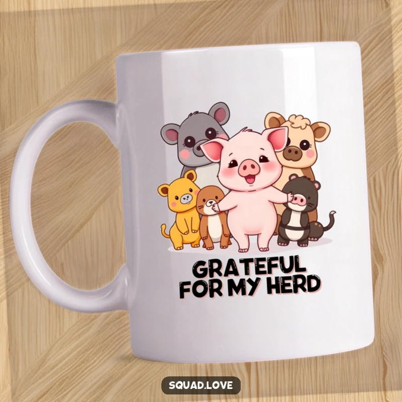 Funny piglet and friends mug showing a happy piglet holding hands with a diverse group of animals, celebrating unity.