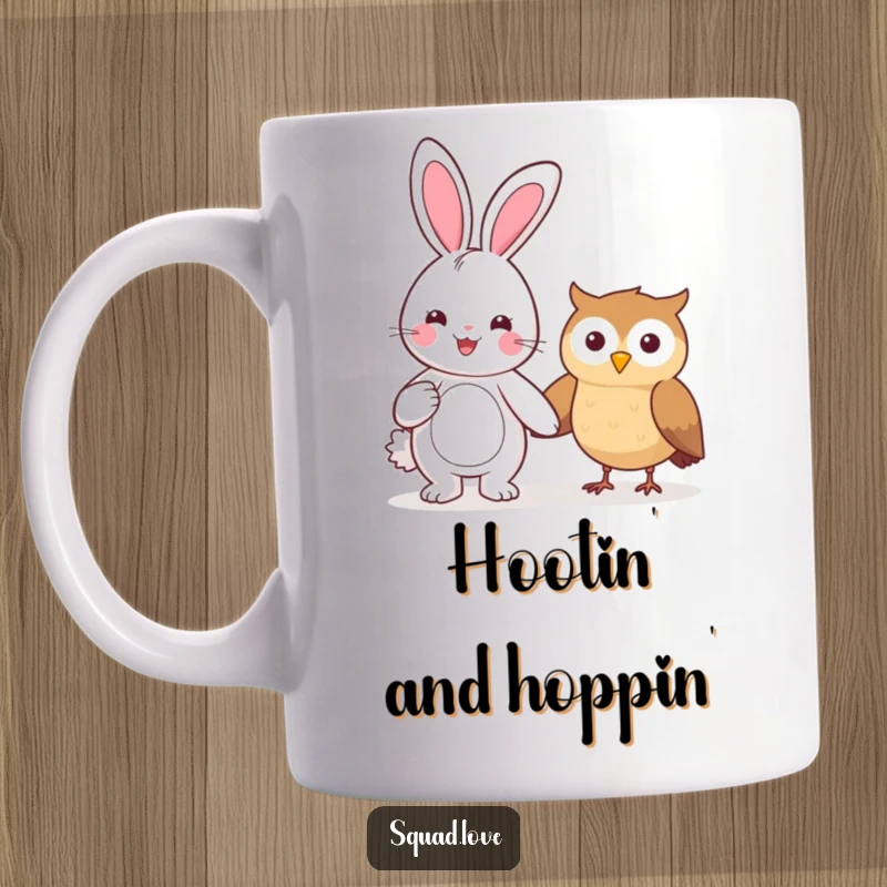 Funny mug featuring a beaming kawaii bunny holding hands with a smiling owl, symbolizing friendship and joy.