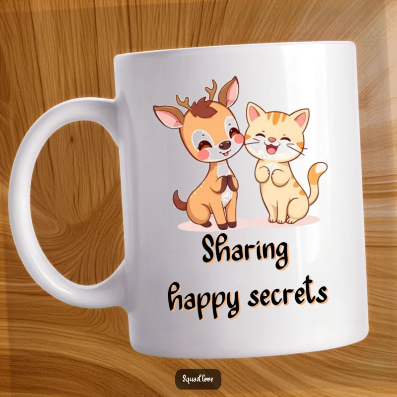 Joyful kawaii deer whispering a secret to a giggling cat, featured on a cute and charming mug.