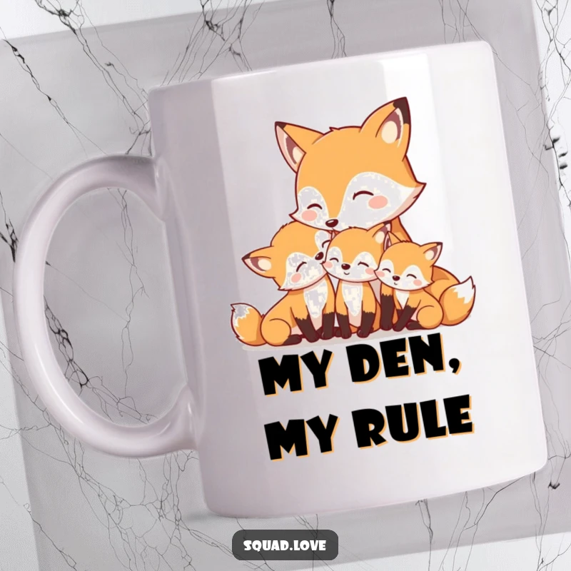 Funny mother fox nuzzling her smiling kits with content expressions on a ceramic mug, representing maternal love.