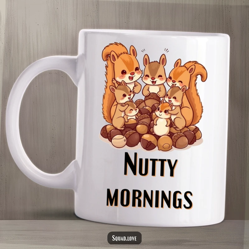 Funny mug with a mischievous squirrel family chattering over an acorn pile, capturing chaotic woodland fun and family dynamics.