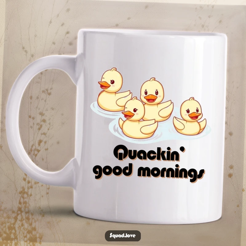 Funny mug showcasing a smiling duck family swimming in perfect formation, radiating joy and synchronized happiness.