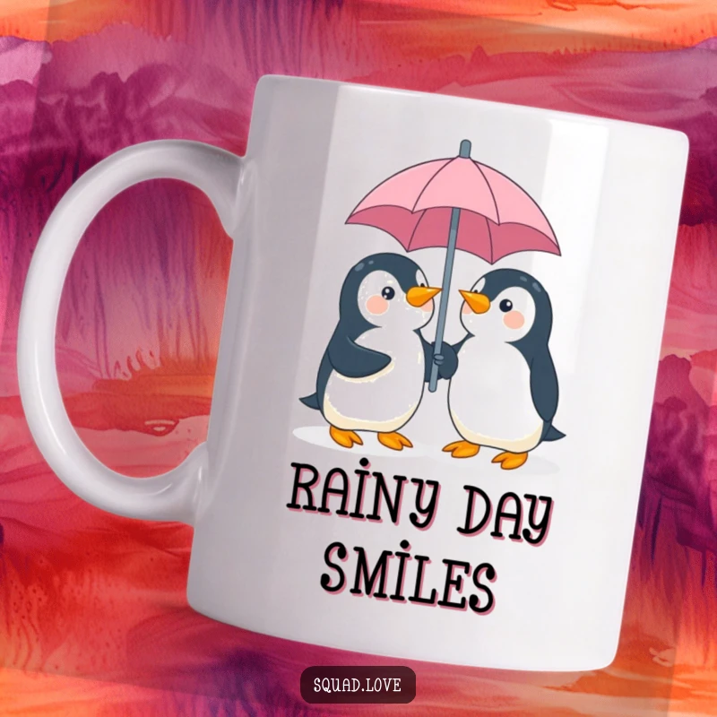 Funny penguin umbrella mug showing two playful penguins giggling while sharing an umbrella, a cute and heartwarming scene.