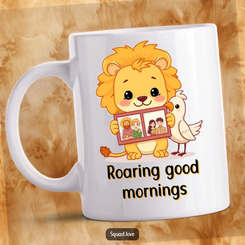 Funny lion family album mug showing a proud lion enthusiastically showing a photo album to a small, curious bird.