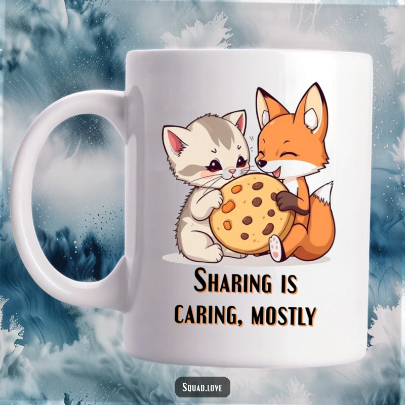 Funny kitten and fox mug showing a playful kitten and a sly fox sharing a giant cookie with happy expressions.