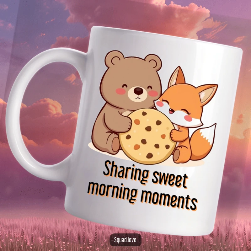 Funny Mug showing a happy bear and fox sharing a giant cookie, mouths full, with expressions of pure delight.