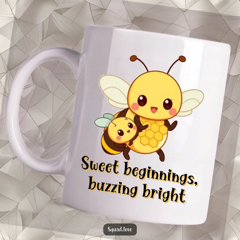 Funny mug featuring a proud parent bee teaching a smaller bee about a honeycomb, showcasing family sweetness and bee parenting humor.