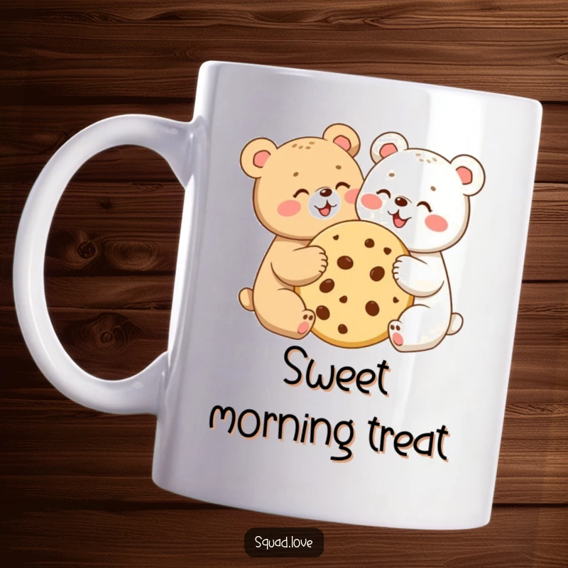 Two cute bear cubs joyfully sharing a giant cookie on a mug, symbolizing friendship and sweet indulgence.