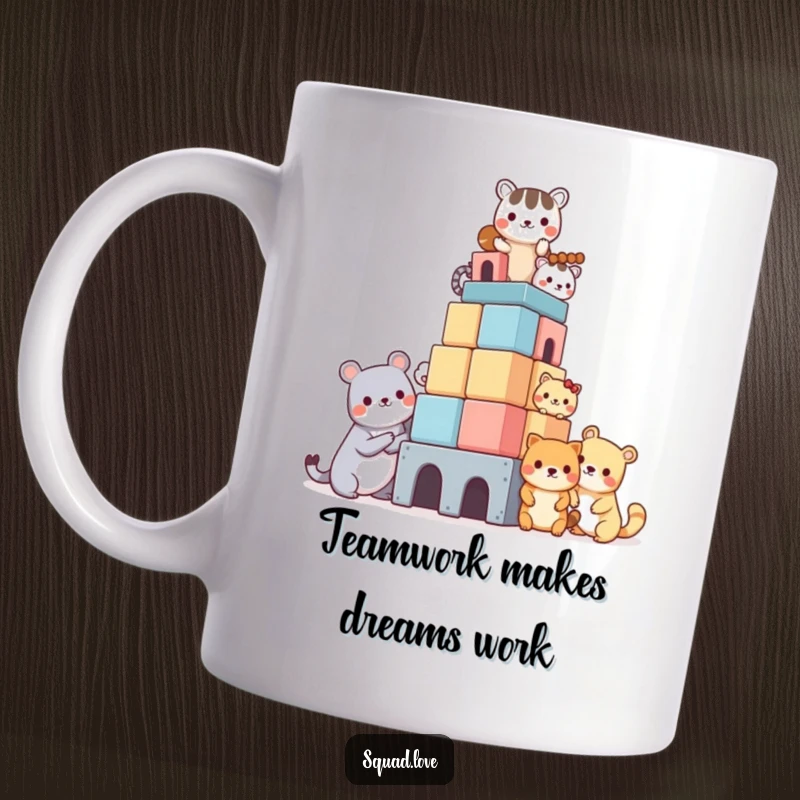 Funny mug featuring cute kawaii animals joyfully working together to build an impressive, tall block tower, showcasing teamwork and fun.