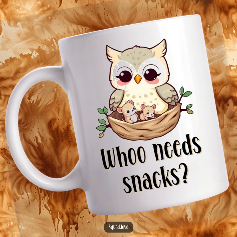 Funny Owl and Mouse Mug: A wise owl and a tiny mouse share a cozy nest, depicting a charming and unexpected friendship in the forest.