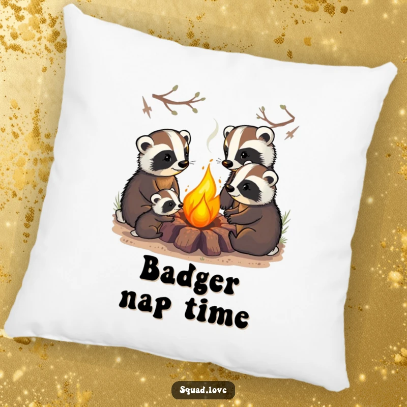 Funny pillow depicting a badger family cozily gathered around a warm campfire, offering soft comfort and harmonious outdoor cheer.