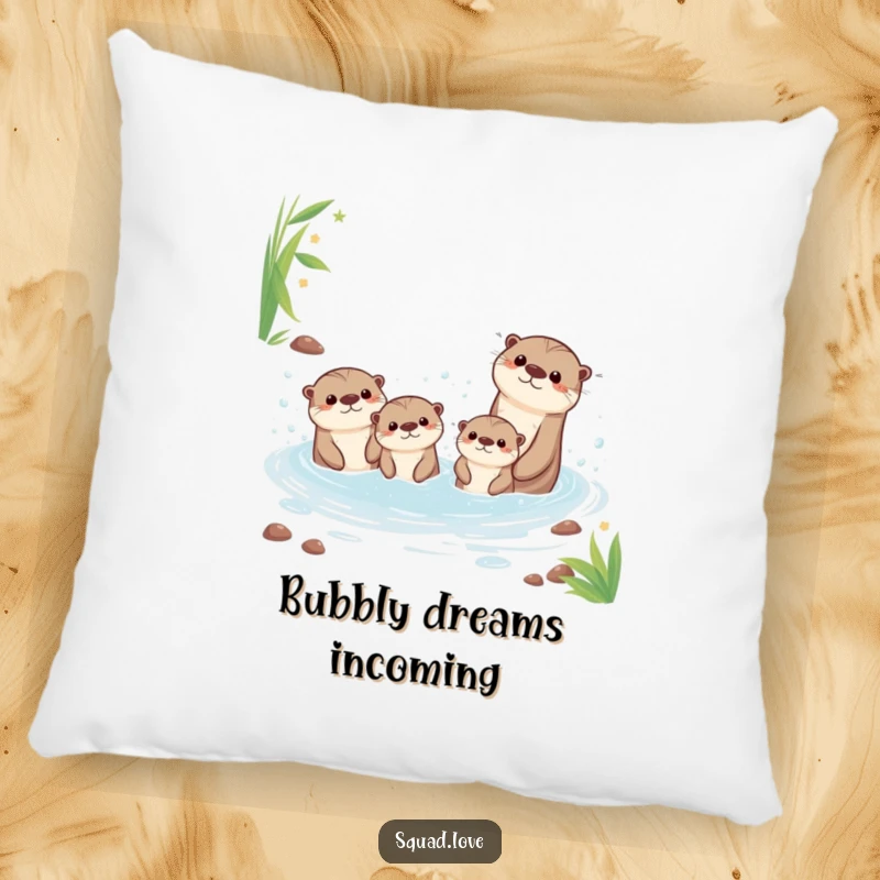 Funny decorative pillow featuring a happy kawaii otter family splashing joyfully in a bubbly stream, bringing comfort and humor.
